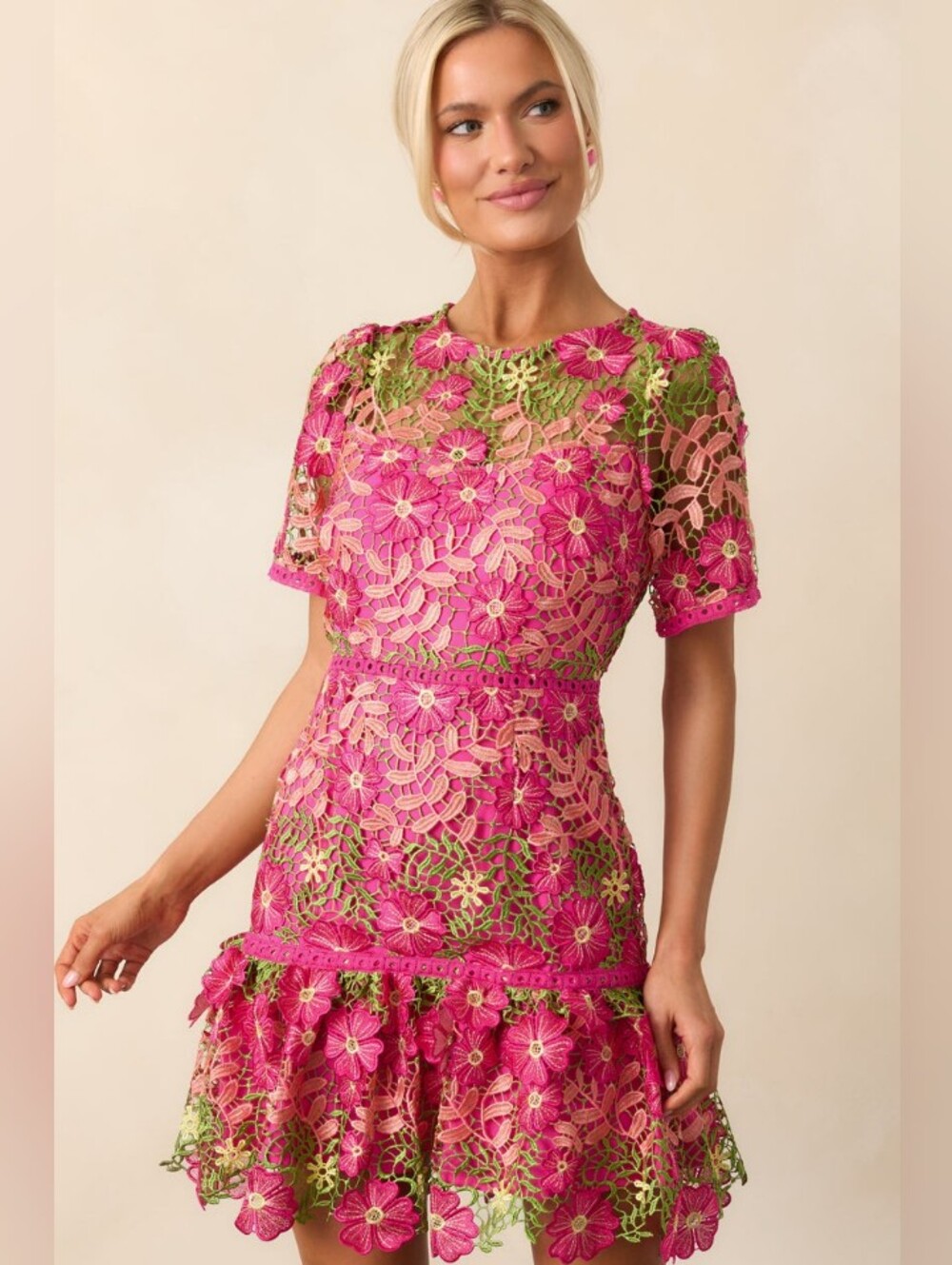 Just Me Magenta Pink Floral Embroidered Tier Skir Mini Dress